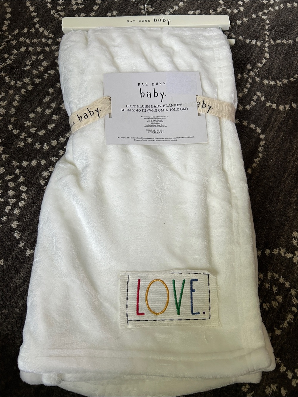 Rae Dunn White Baby Plush Blanket with Rainbow LOVE Patch